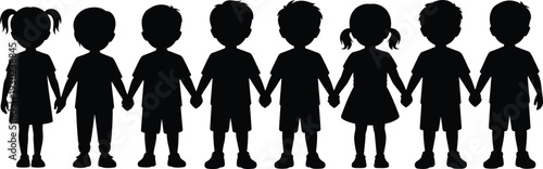 Children holding hands silhouette, diverse boys and girls standing together, unity friendship concept vector illustration isolated on white