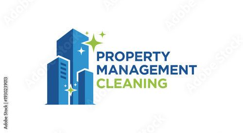 Property Management Cleaning Logo with Modern Buildings and Sparkle Elements.