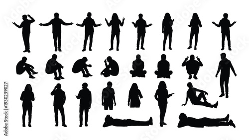 A collection of black silhouettes of people in various poses isolated on white background, Vector