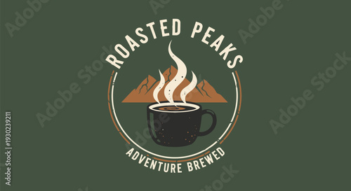 Roasted Peaks Adventure Brewed Coffee Logo Design.
