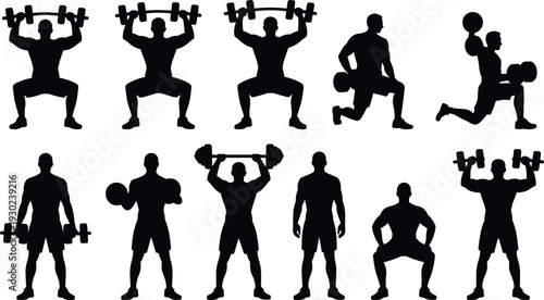 Bodybuilder dumbbell and barbell workout silhouette set, strength training exercises collection isolated vector illustration on white background