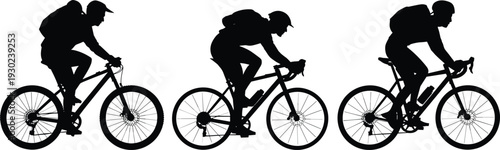 Cyclist silhouette set, mountain bike rider with backpack racing outdoor sport adventure vector illustration isolated on white background