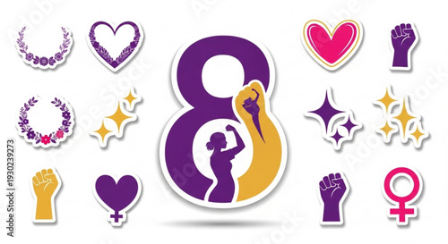 Women's empowerment symbols and icons for equality and feminism purple and pink graphics