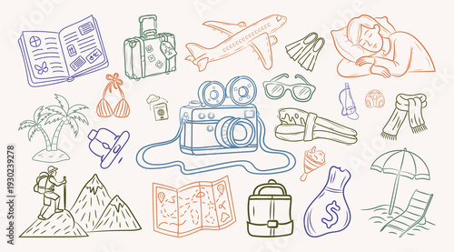 Hand Drawing bon voyage vector illustration collection, Elements set of line art bon voyage
