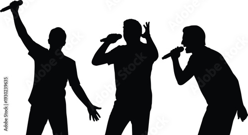Male singer silhouettes performing with microphone, music concert performance vector illustration isolated on white background