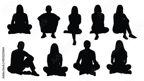 A group of people sitting in a circle in silhouette isolated on white background, Vector
