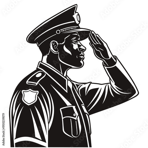 Police Officer Saluting in Uniform, Front View Silhouette Icon Vector