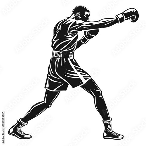 Silhouette of a Boxer Punching Forward in Fighting Stance, Action Silhouette