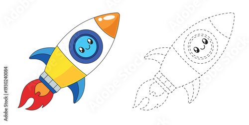 Cute cartoon rocket with dotted line vector illustration