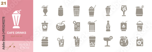 Cafe Drinks Icons Set. Glyph Filled Stroke vector collection of Summer Drinks like coffee, tea, lemonade, smoothie and alcohol cocktails, margarita, gin, tonic, highball,  for UI, web, app, cafe menu 