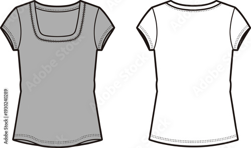 Women’s fitted short sleeve t-shirt fashion illustration showing front and back views with scoop neckline, crew neckline, stitching details, apparel design, garment construction vector