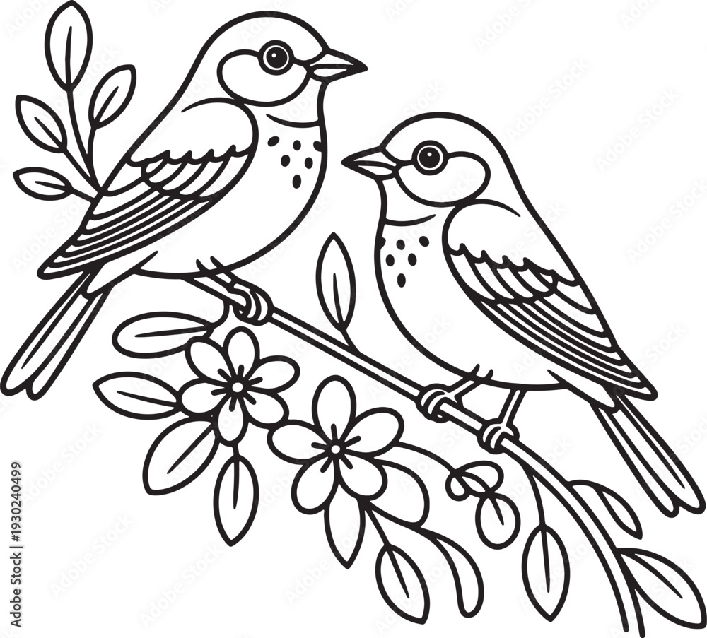 Fototapeta premium Two birds perch on a branch with floral details in a vintage line art style