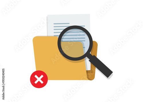 Flat design of a folder with documents and magnifying glass plus error symbol, representing failed search, missing files, or access issues.