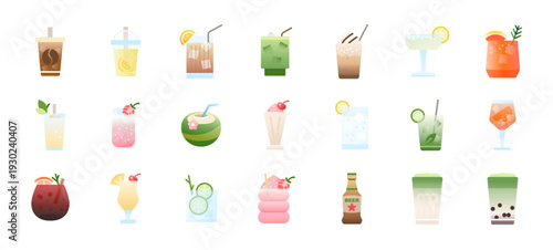 Colorful drinks icons set. Summer beverages and cocktails collection in flat vector style for UI, web, app, menu design
