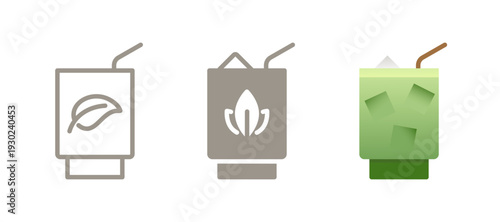 Iced matcha tea drink icon. Line, glyph and filled outline colorful version with straw, ice and matcha whisk in glass. Refreshing green tea beverage symbol, logo illustration. Cool healthy drink.
