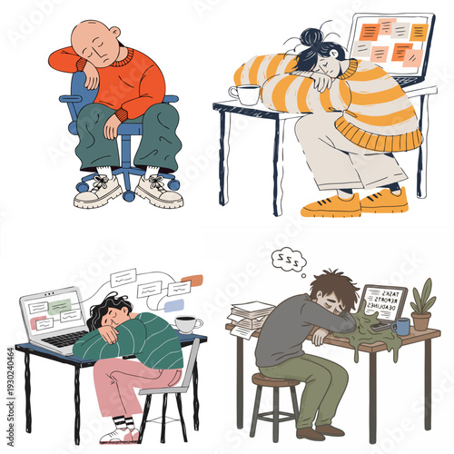burnout exhausted office worker at desk emotional fatigue concept vector illustration