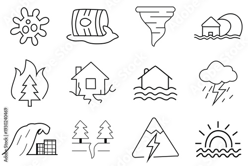 Disasters icons.Climate Change Editable Icons set. Set of 12 disasters trendy minimal icons. Example: volcano, virus, flood, Tornado, fire icon.Natural disaster and extreme weather icon set.