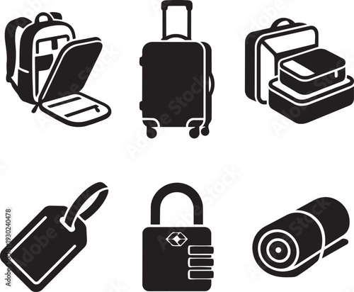 Essential Travel Luggage and Packing Gear Silhouette Icon Set Vector Illustration