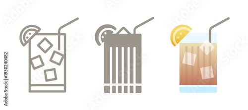 Iced tea drink icon. Line, glyph and filled outline colorful Ice Tea version with lemon slice and ice cubes in glass. Fresh beverage symbol illustration. Cool summer refreshment drink.
