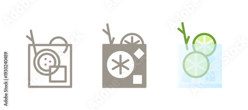 Gin and tonic cocktail icon. Line, glyph and filled outline colorful gin tonic highball version with lime slices, ice cubes and herb sprig in glass. Bar symbol, Isolated Vector Pictogram. 
