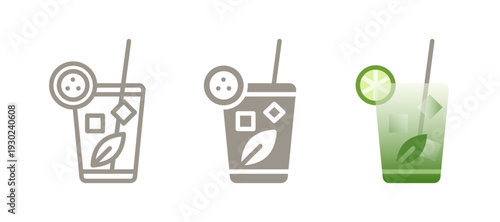 Mojito cocktail icon. Line, glyph and filled outline colorful Mojito version with mint leaves, lime wedges and ice cubes in glass. Fresh rum drink symbol, logo illustration. Cool Cuban cocktail.
