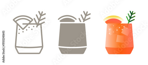 Paloma cocktail icon. Line, glyph and filled outline colorful version with grapefruit slice, salt rim and ice cubes in glass. Refreshing tequila drink symbol illustration. Grapefruit cocktail.