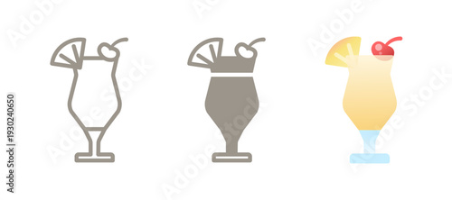 Pina colada cocktail icon. Line, glyph and filled outline colorful version with pineapple slice, coconut and cherry in glass. Tropical rum drink symbol, logo illustration. Classic summer beverage.
