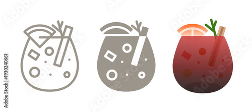 Sangria cocktail icon. Line, glyph and filled outline colorful version with orange slice, berries and ice cubes in glass. Refreshing wine drink symbol illustration. Fruity summer beverage idea.
