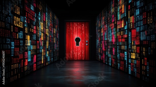 Digital corridor lined with data panels leading to a red door with keyhole — metaphor for secure access, authentication and cyber vulnerability.