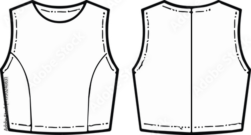 Women’s sleeveless crop top fashion illustration showing front and back views with round neckline, princess seams, center back seam, garment construction, apparel design vector template