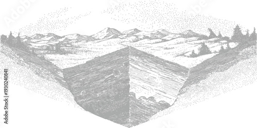 Vintage engraved style vector illustration of a geological cross-section showing earth layers, surface landscape, and subterranean strata