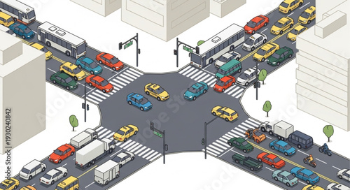 Busy City Street Intersection Scene.