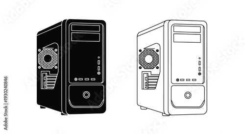 Black and white line art depiction of a computer tower case