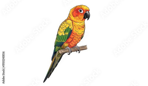 A colorful parrot perched on a branch in a vibrant illustration