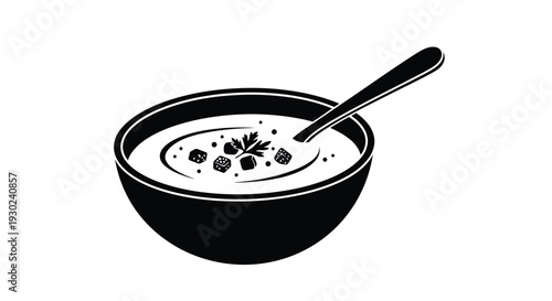 Black and white illustration of a bowl of soup with dice and spoon