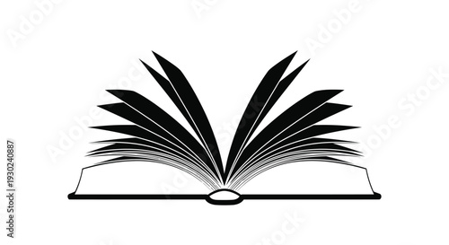 An open book with fanned pages depicted in a simple black and white style