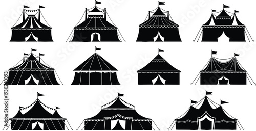 Circus Tent Silhouette Collection with Big Top Carnival Tents, Black Festival Event Vector Illustration Set