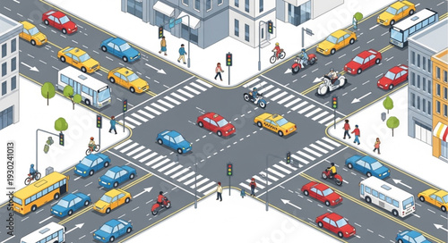 Busy City Street Intersection Scene.