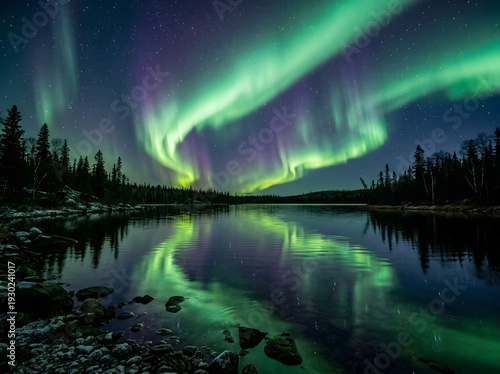 Vibrant aurora borealis illuminates the dark northern night, its flowing green and purple light creating a mesmerizing, infinitely reflected spectacle on the tranquil lake below