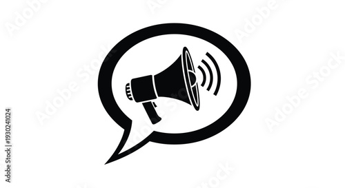 Black silhouette of a megaphone inside a speech bubble icon