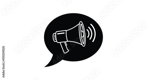 A black speech bubble containing a white outline of a megaphone