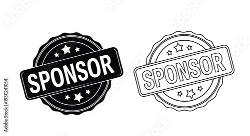 Two black and white sponsor badges with star accents and ribbon banners