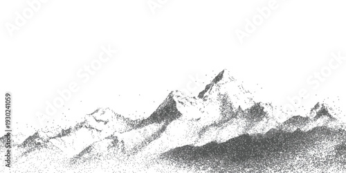 Minimalist black and white mountain range vector illustration with a gritty distressed ink splatter texture for outdoor adventure design