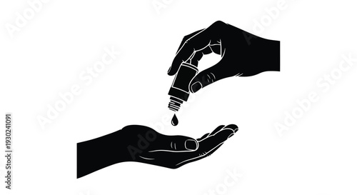 A black silhouette depicting hands pouring a liquid drop into another hand