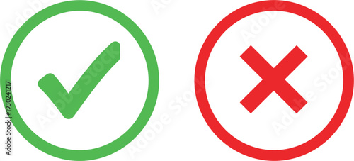 Green check mark and red cross symbol icons in thin circles for user interface web design feedback and status validation.