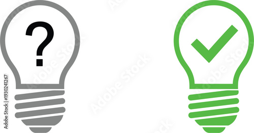 Grey light bulb with question mark and green light bulb with check mark icons for problem solving creative thinking and idea validation concepts.
