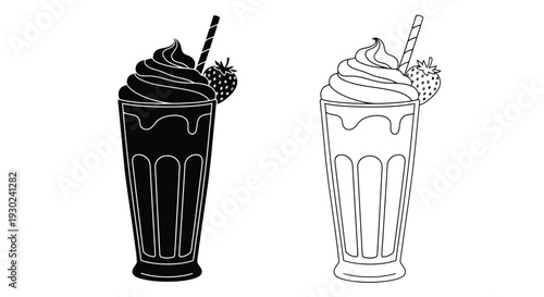 Two monochrome illustrations of strawberry milkshakes in tall glasses