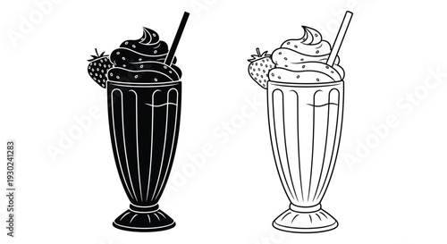 Two black and white illustrations of strawberry milkshakes in tall glasses