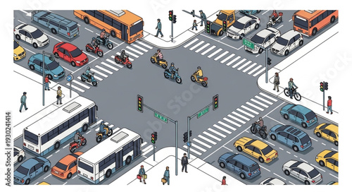 Busy City Street Intersection Scene.