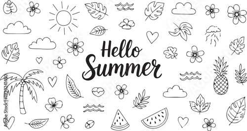 Hand drawn summer elements collection featuring tropical themes and doodle style illustrations in a visually appealing arrangement.